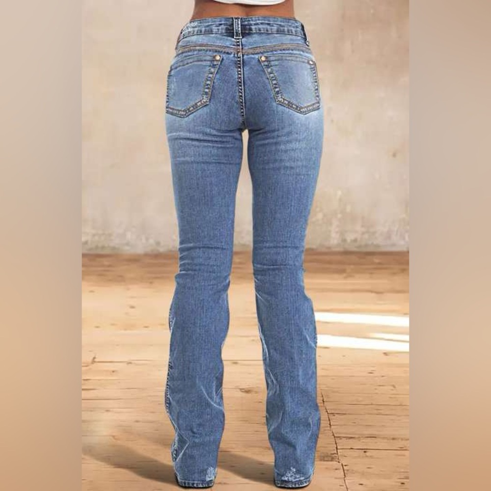 Wash Contrast Stitch Low Waist Bootcut Jeans flamingals size L/XL FL5-2 - Picture 13 of 16